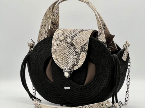Fekete színű EVA Infinity limitált designer női táska egymásba fonódó karika mintával és valódi bőr kiegészítőkkel a NADRI Bags kollekcióból.
