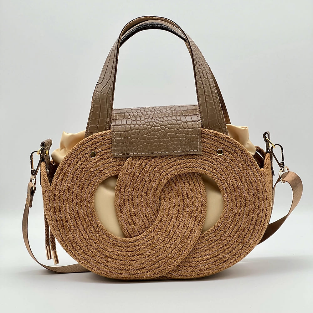 Karamell barna EVA Infinity limitált designer női táska egymásba fonódó karika mintával és valódi bőr kiegészítőkkel a NADRI Bags kollekcióból.