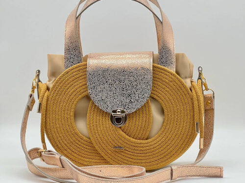 Mustársárga EVA Infinity limitált designer női táska egymásba fonódó karika mintával és valódi bőr kiegészítőkkel a NADRI Bags kollekcióból.