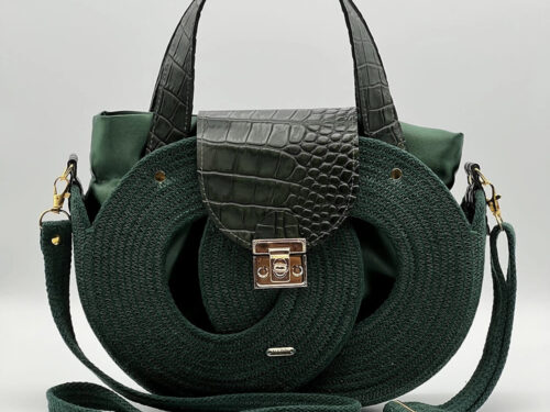 Sötétzöld EVA Infinity limitált designer női táska egymásba fonódó karika mintával és valódi bőr kiegészítőkkel a NADRI Bags kollekcióból.