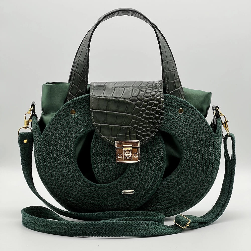 Sötétzöld EVA Infinity limitált designer női táska egymásba fonódó karika mintával és valódi bőr kiegészítőkkel a NADRI Bags kollekcióból.