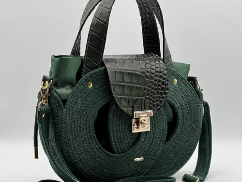 Sötétzöld EVA Infinity limitált designer női táska egymásba fonódó karika mintával és valódi bőr kiegészítőkkel a NADRI Bags kollekcióból.