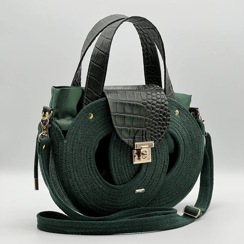 Sötétzöld EVA Infinity limitált designer női táska egymásba fonódó karika mintával és valódi bőr kiegészítőkkel a NADRI Bags kollekcióból.