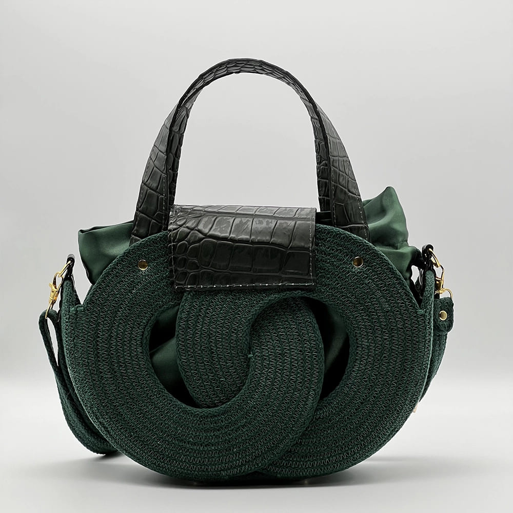 Sötétzöld EVA Infinity limitált designer női táska egymásba fonódó karika mintával és valódi bőr kiegészítőkkel a NADRI Bags kollekcióból.