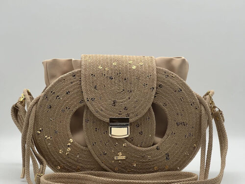 Bézs színű, flitterekkel díszített EVA Infinity limitált designer női táska egymásba fonódó karika mintával a NADRI Bags kollekcióból.