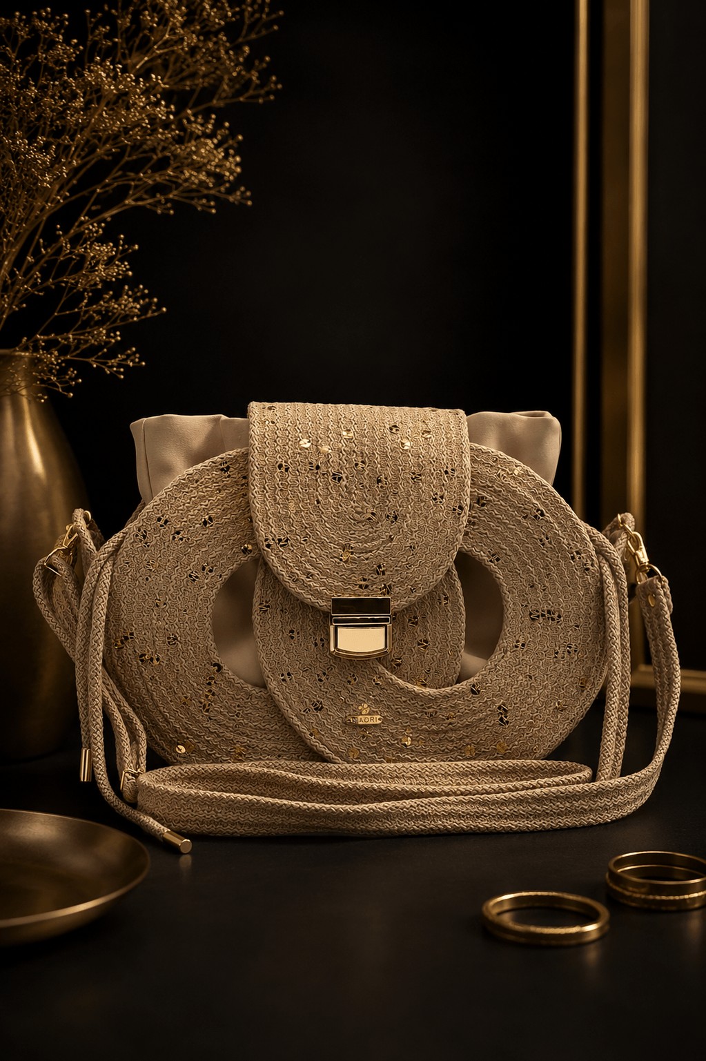Bézs színű, flitterekkel díszített EVA Infinity limitált designer női táska egymásba fonódó karika mintával a NADRI Bags kollekcióból.